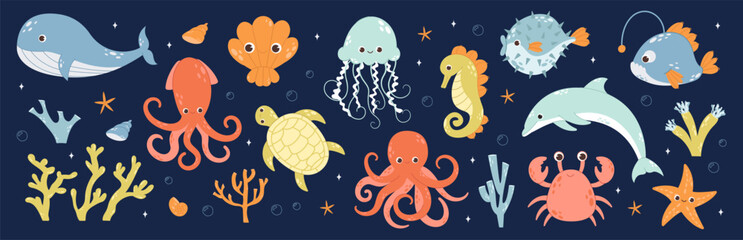 Set of sea and ocean underwater animals. Cute aquatic turtle, whale, dolphin, octopus and colorful fishes. Childish colored flat vector illustration. Underwater marine fauna 