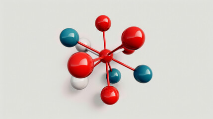 Colorful molecular structure with red, white, and blue spheres representing scientific advancement and innovation on a white background.