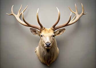 Majestic white taxidermy mount of a wild elk head with impressive antlers and expressive eyes, suspended against a neutral background, evoking rugged wilderness charm.