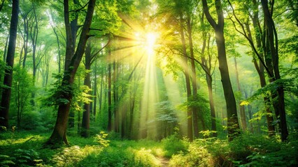 Fototapeta premium Background of a serene forest with lush green trees and sunlight peeking through the foliage, serene, forest, background, green