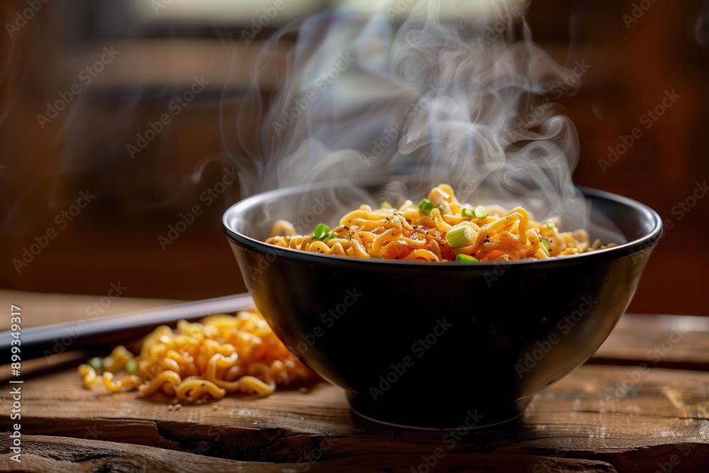 Poster a steaming bowl of instant noodles sits on a wooden table, releasing flavorful aromas and inviting w