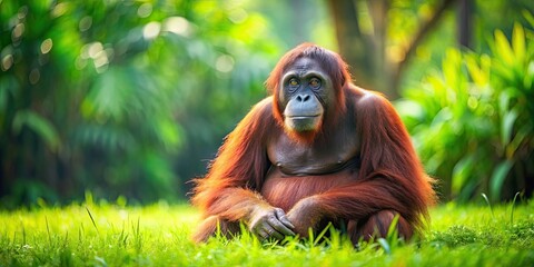 Orangutan enjoying a sunny day sitting on lush green grass , Orangutan, animal, wildlife, nature, jungle, sunny day, relaxation