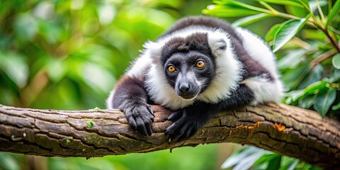 Obraz premium Beautiful ruffed lemur peacefully sleeping in a tree , Madagascar, wildlife, cute, fluffy, endangered species, nature