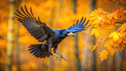 Fototapeta premium Bird Rook corvus frugilegus landing in autumn time in Poland, Europe, bird, rook, corvus frugilegus, landing, autumn