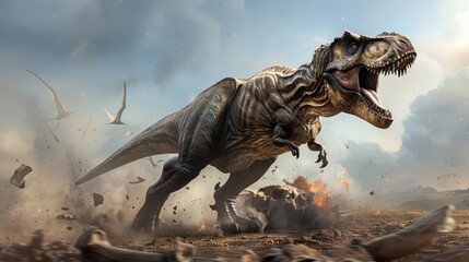 A battle-scarred Tyrannosaurus Rex stands atop a pile of bones.