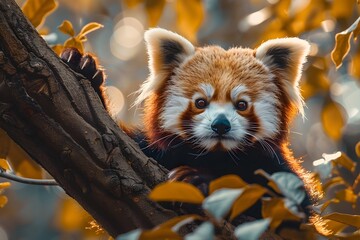 Fototapeta premium Curious Red Panda Climbing Tree Branch in Vibrant Autumn Forest
