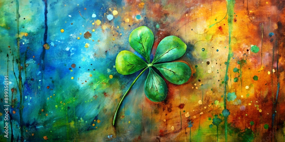 Wall mural expressive vivid loose oil mixed media painting splatter grungy of a lucky clover ai generative