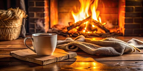 Obraz premium Cozy morning scene with a fireplace, coffee mug, and warm ambiance, fireplace, room, morning, coffee mug, cozy, warm, ambiance