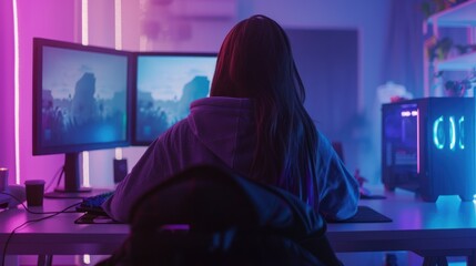 Gamer Girl In A Neon Lit Room