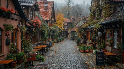 Fototapeta premium Enchanting European Village: Cobblestone Street with Cafe and Flower Boxes, Travel Photography with Fujifilm X100V