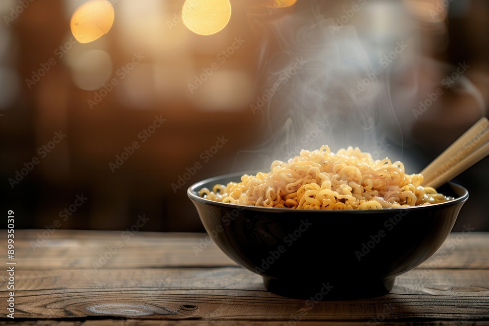Poster a steaming bowl of instant noodles sits on a wooden table, inviting warmth and comfort for a satisfy