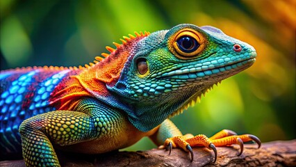 Fototapeta premium Color-changing lizard displaying vibrant hues of green, blue, orange, and yellow, lizard, reptile, colorful, vibrant