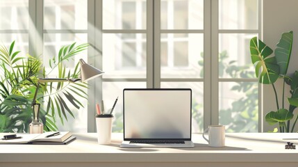 Fototapeta premium Minimalist Home Office Setup with Laptop and Plants