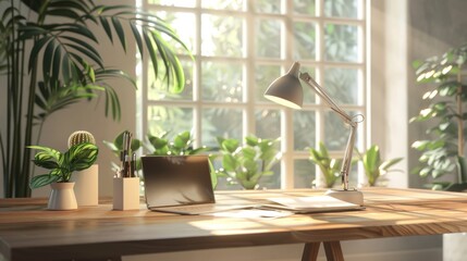 Modern Home Office Desk with Natural Light and Plants