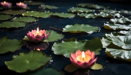 A candle on lotus leaves floats on the water