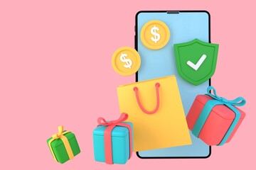 Online shopping. 3D render of online shopping via smartphone on a pink background.
Concept of buying goods online, quickly and comfortably.
Marketing creative idea of ​​a banner with copy space.
