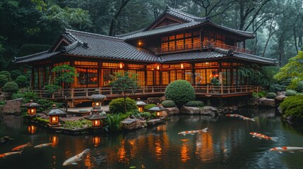 Obraz premium Tranquil Japanese Tea Garden with Traditional Tea House, Koi Pond, and Stone Lanterns - Serene Garden Photography with Canon EOS 5D Mark IV