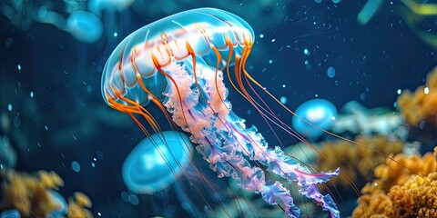 different jellyfish underwater. Selective focus.
