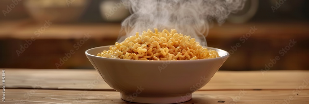 Poster a bowl of steaming instant noodles rests on a rustic wooden table, inviting warmth and comfort durin