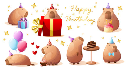 A set of cute festive capybaras. Funny cartoon-style animals on a white background. Happy Birthday.