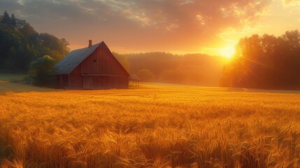 Serene Sunrise at Rustic Barn in Golden Wheat Field with Mist - Rural Landscape Photography Shot with Sony A7R III