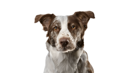 A dog with a brown nose and a white background. A portrait photo of a dog. Transparent background png