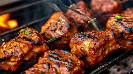 Close up of big pieces of fried meat on a skewer kebab grilled