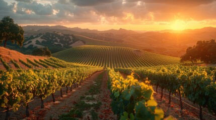 Fototapeta premium Golden Harvest: Serene Vineyard Scene with Ripe Grapes on Rolling Hills - Landscape Photography with Sony A7R IV