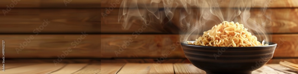 Poster a bowl of piping hot instant noodles releases steam, creating a tempting display on a beautifully ag