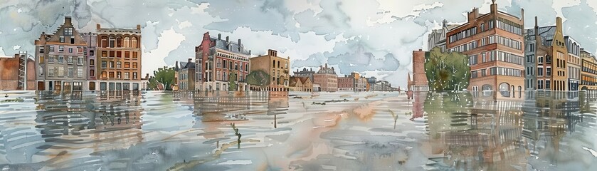 Naklejka premium Flooded City A watercolor scene of a city submerged in water, with buildings barely visible above the surface, depicting the threat of rising sea levels