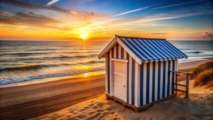 Beach hut with striped awning overlooking the ocean at sunset, beach hut, sunset, ocean, seashore, striped awning, vacation