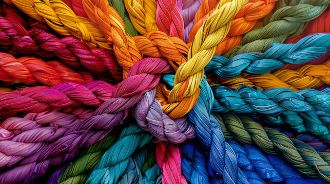 Colorful braided ropes spread out like rays from a central knot, symbolizing teamwork and the sharing of ideas.