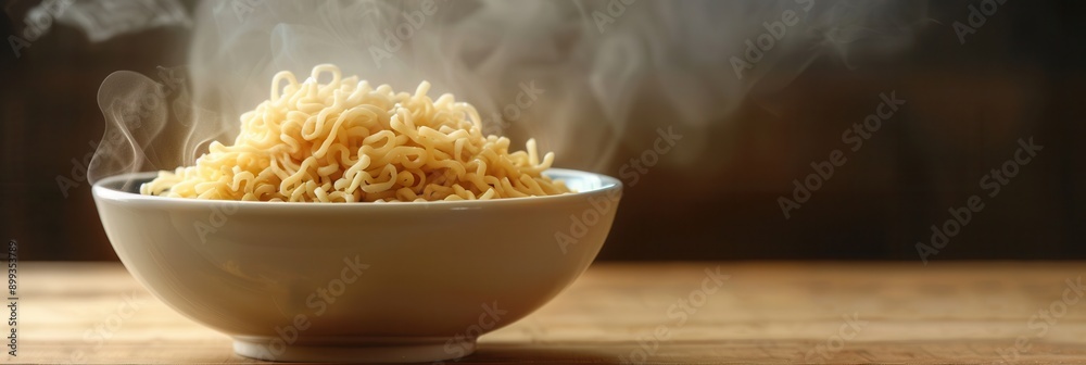 Poster a steaming bowl of instant noodles rests on a wooden table, releasing fragrant steam in a cozy eveni
