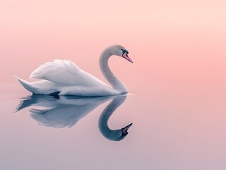 Fototapeta premium Graceful Swan Gliding Across a Serene Dawn Lake Its Reflection Creating a Mirror Image