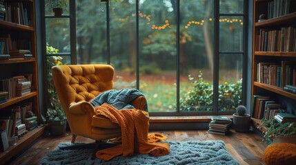 Cozy Reading Nook with Comfy Chair, Books, Blanket, Rainy Day View - Warm Interior Photography Capture with Fujifilm X-T4 23mm Lens