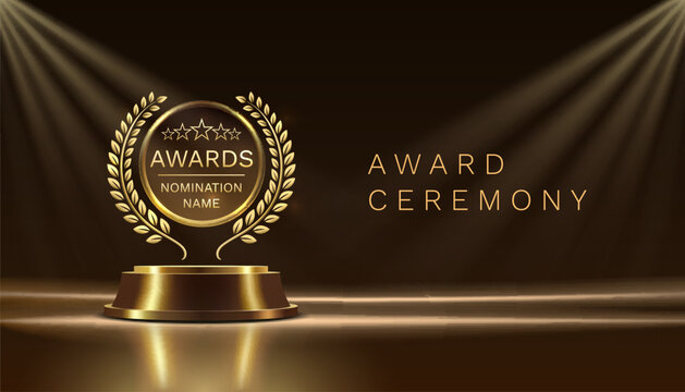 Award ceremony nomination name podium, golden prize event, scene star ceremony. Vector illustration
