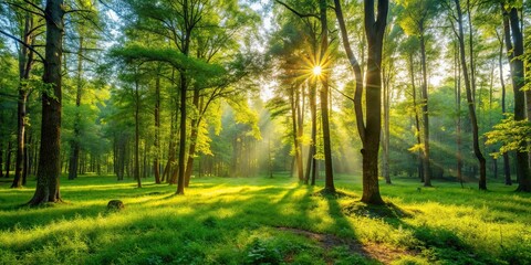 Obraz premium Sunny morning in a green forest clearing, nature, summer, sunlight, trees, landscape, tranquil, peaceful, serene, sunny
