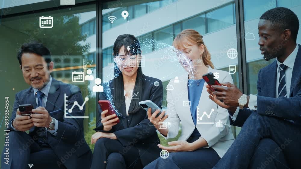 Poster group of multinational business people using smartphones and communication network concept.