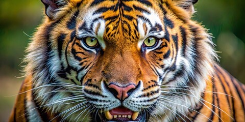 Fototapeta premium Close up of a fierce tiger head with piercing eyes and sharp teeth, wildlife, predator, fierce, animal, carnivore, dangerous