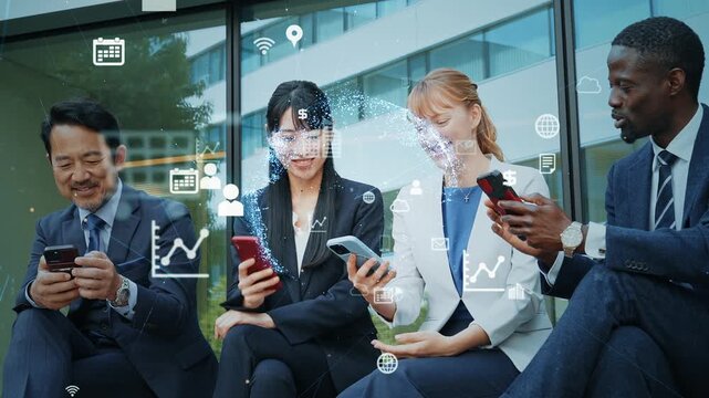Group of multinational business people using smartphones and communication network concept.