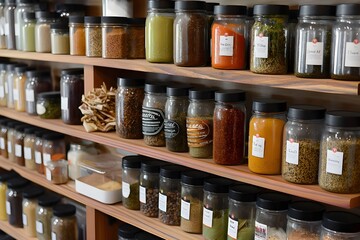 Glass jars of spices and flours on the wooden shelves of a kitchen pantry. Generative AI