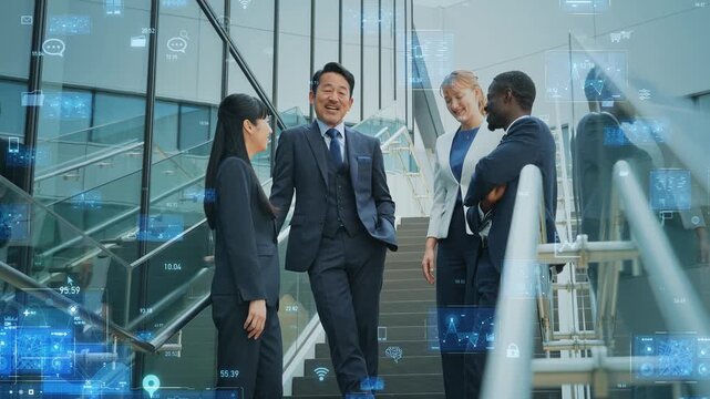 握手する多国籍ビジネスパーソンのグループとデジタルテクノロジー