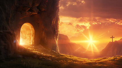 Empty Tomb Cave Against Heavenly Sun Rays Symbolizing Jesus Christ’s Resurrection, with the Crucifixion Scene in the Distance