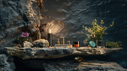 Fototapeta premium Jewelry and cosmetics stand on a rock or stone podium. The studio has dark lighting and a wall with a lot of space for writing.