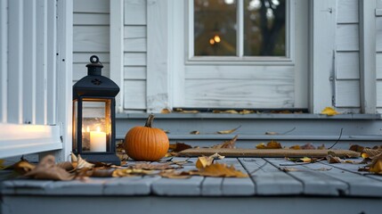 Obraz premium A minimalist porch with a single lantern and a small pumpkin