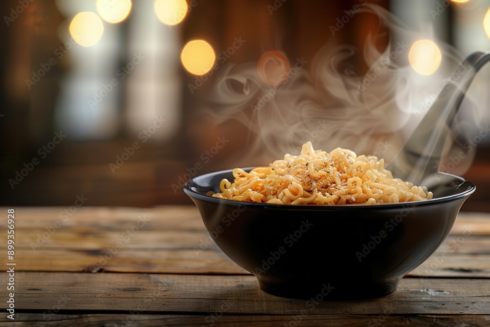 Poster a bowl of steaming instant noodles sits on a wooden table, exuding warmth and inviting aromas that e