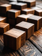 Offset vertical wooden rhomb cubes on surface, stretched blocks texture, hardwood wallpaper. High contrast
