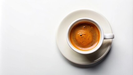 Top-down view of an espresso coffee with a rich crema layer in a white cup on a plain white backdrop