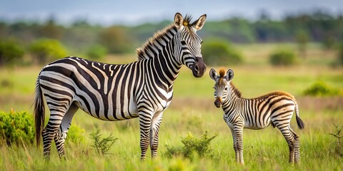Naklejka premium Zebra foal staying close to its mother in the savanna , Wildlife, Africa, Stripes, Safari, Animals, Bond, Family, Grazing