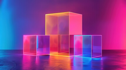 Triangular Array of Transparent 3D Boxes on a Vibrant Neon Background with Striking Contrast